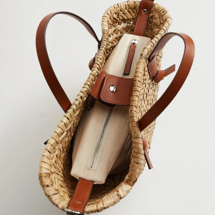 Bolsa Zinnia Tote de Palha Trançada à Mão de Ombro e Transversal