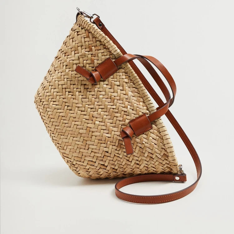 Bolsa Zinnia Tote de Palha Trançada à Mão de Ombro e Transversal
