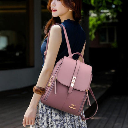 Bolsa Violet Feminina Mochila de Couro Multi-compartimentos