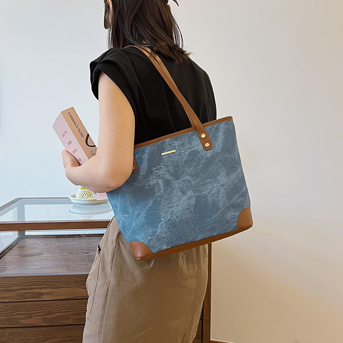Bolsa Davina Tote Grande de Algodão e Couro